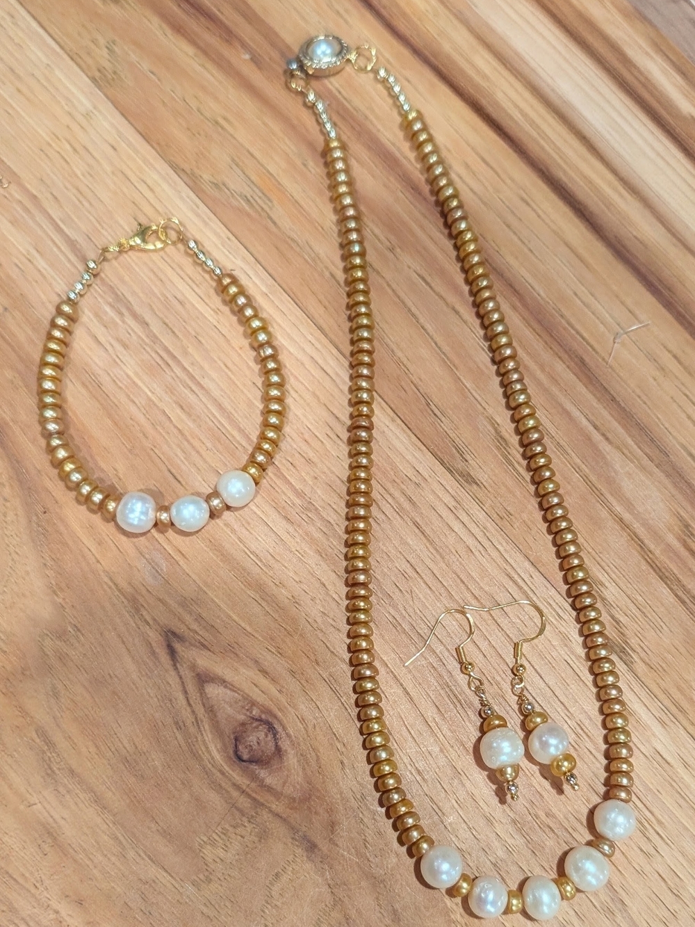 Gold Pearl Bead Necklace, Bracelet & Earring Set